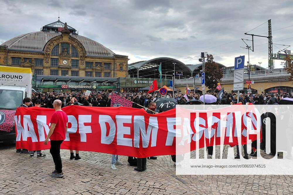 Halle an der Saale, Saxony-Anhalt, Germany, September 5, 2026: A demonstration under the slogan Stay Antifa. Participants gathered on the station plaza to demonstrate against the far right and against the AfD on the eve of the state election.