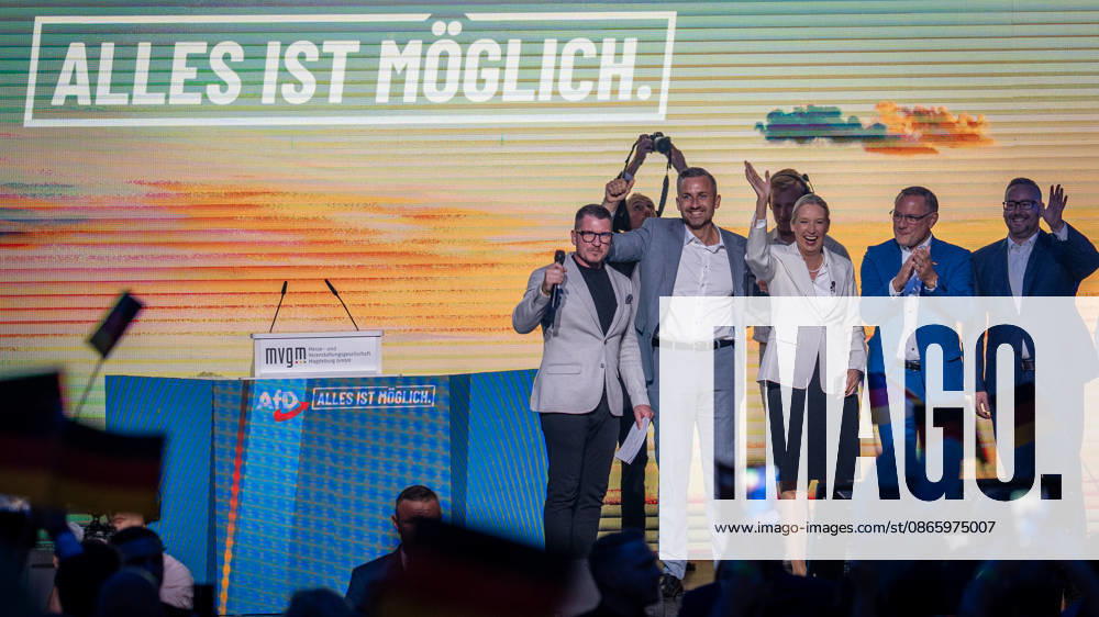Start of the closing event featuring, among others, Ulrich Siegmung, Alice Weidel, Tino Chrupalla, Sebastian Münzenmaier, and Martin Reichardt—Saxony-Anhalt State Election—AfD closing event in Magdeburg, Magdeburg, Saxony-Anhalt, Germany, AMO Culture and Congress Center