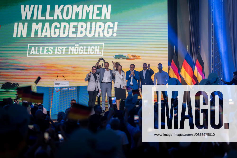 Start of the closing event featuring, among others, Ulrich Siegmung, Alice Weidel, Tino Chrupalla, Sebastian Münzenmaier, and Martin Reichardt—Saxony-Anhalt State Election—AfD closing event in Magdeburg, Magdeburg, Saxony-Anhalt, Germany, AMO Culture and Congress Center
