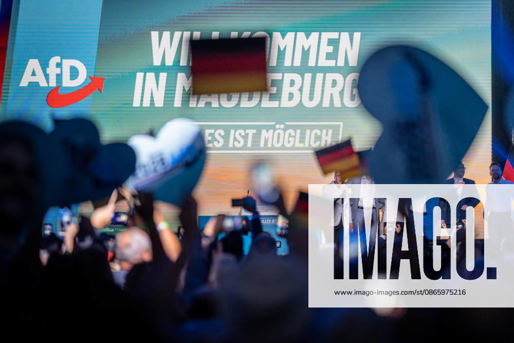 View of the event hall during the Saxony-Anhalt state election closing event hosted by the AfD in Magdeburg, Magdeburg, Saxony-Anhalt, Germany, at the AMO Culture and Convention Center