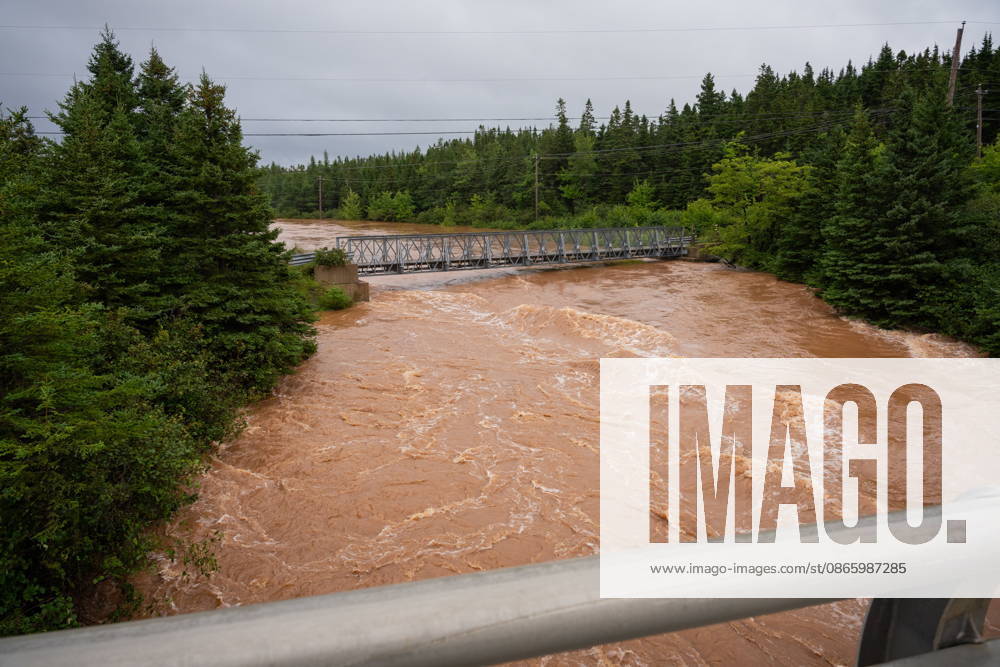 A bridge comes close to being touched by the flooded River Tillard, in Richmond County, Cape Breton, N.S., Saturday, Sept. 5, 2026. Richmond County CANADA - ZUMAc35_ 20260905_zaf_c35_044
