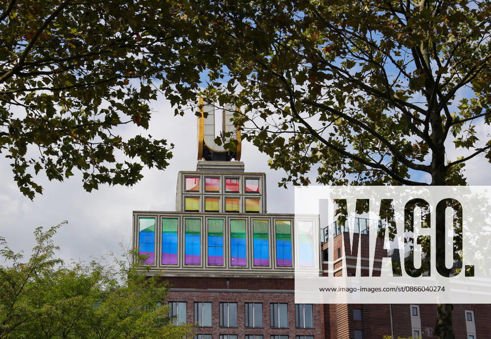 Germany, North Rhine-Westphalia, Society, Art and Culture, Colorful light displays at the Dortmunder U in celebration of today s CSD in Dortmund, Christopher Street Day, Germany
