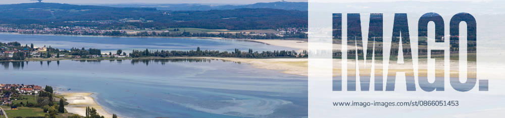 View of Reichenau Island in Lake Constance. On the right is the Reichenau Embankment with its avenue of plane trees, part of the German Allenstraße. The lakeshore reveals the low water level following a hot summer. August 27, 2026, Ermatingen, Canton of Thurgau, Switzerland