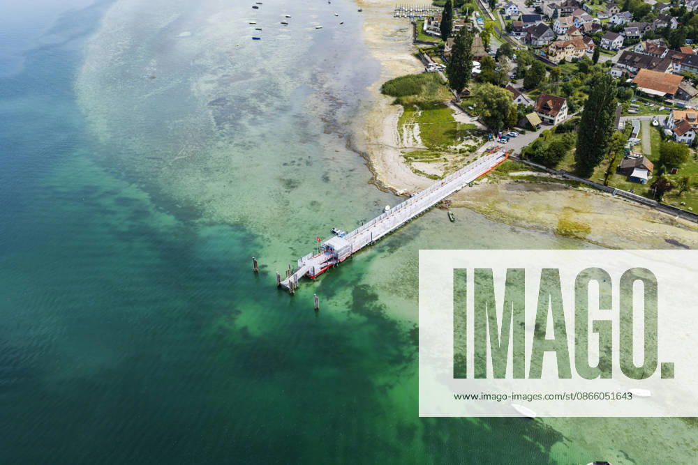 Boat dock at Mannenbach Harbor in the canton of Thurgau. Lake Constance has low water levels following a summer with little rainfall. August 27, 2026, Mannenbach Salenstein, Canton of Thurgau, Switzerland