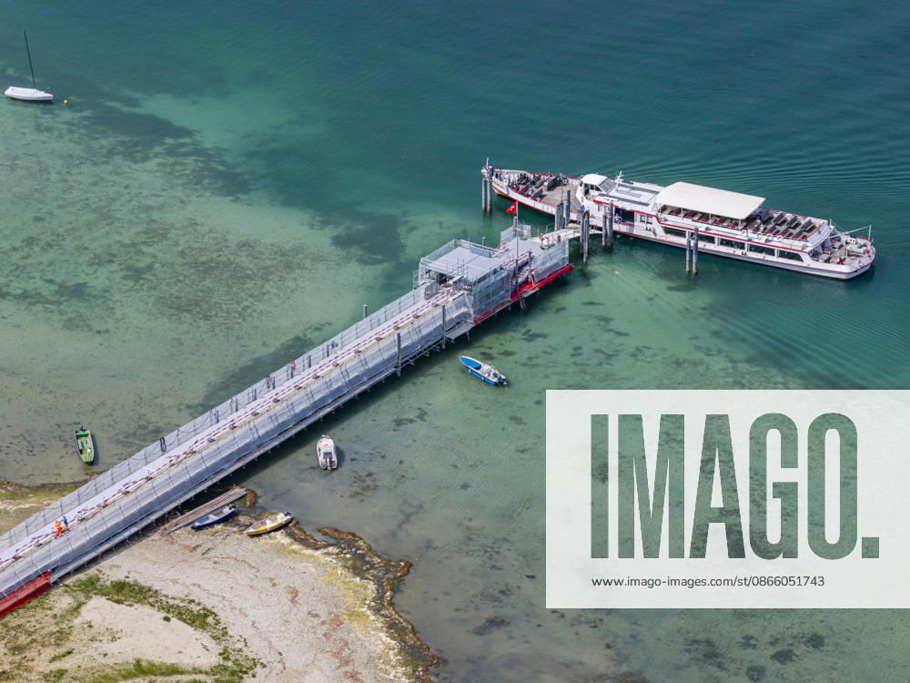 Boat dock at Mannenbach Harbor in the canton of Thurgau. Lake Constance has low water levels following a summer with little rainfall. August 27, 2026, Mannenbach Salenstein, Canton of Thurgau, Switzerland