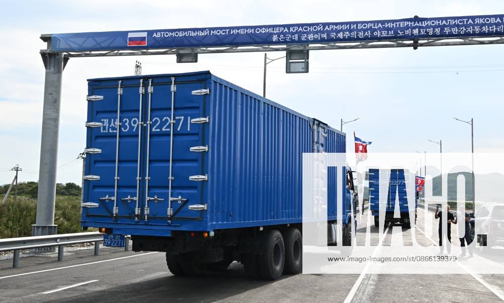 Russia North Korea Road Bridge 9238024 07.09.2026 Trucks drive along the new road bridge over the Tumen River, connecting Russia s Primorye Territory and North Korea. The bridge is named after Yakov Novichenko, a Red Army officer who, in 1946, covered a grenade thrown at North Korean leader Kim Il Sung with his body. Vitaliy Ankov Sputnik Vladivostok Primorye Territory Russia