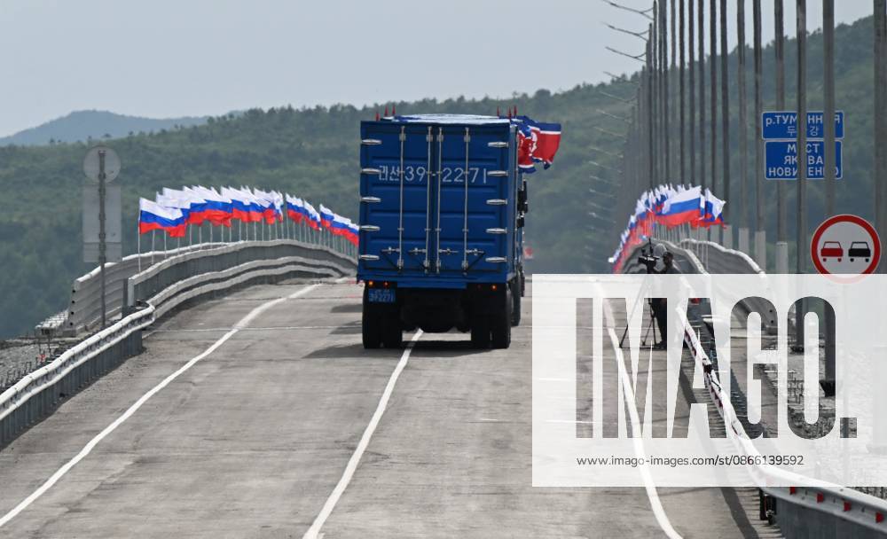 Russia North Korea Road Bridge 9238025 07.09.2026 A truck drives along the new road bridge over the Tumen River, connecting Russia s Primorye Territory and North Korea. The bridge is named after Yakov Novichenko, a Red Army officer who, in 1946, covered a grenade thrown at North Korean leader Kim Il Sung with his body. Vitaliy Ankov Sputnik Vladivostok Primorye Territory Russia