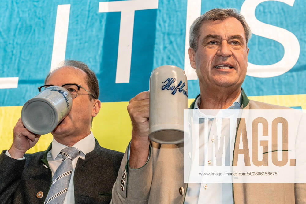 Markus Söder, Minister President of Bavaria, CSU, and Alexander Dobrindt, Federal Minister of the Interior, at the traditional political morning beer gathering at the Gillamoos folk festival in Abensberg, September 7, 2026, Germany, Abensberg, September
