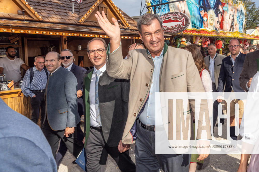 Markus Söder, Minister President of Bavaria, CSU, and Alexander Dobrindt, Federal Minister of the Interior, at the traditional political morning beer gathering at the Gillamoos folk festival in Abensberg, September 7, 2026, Germany, Abensberg, Sep