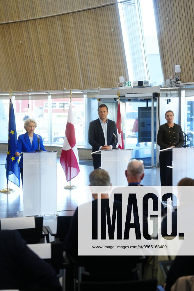DENMARK GREENLAND Press Conference with von der Leyen, Mette Frederiksen, and Jens Frederik Nielsen Prime Minister Mette Frederiksen, Greenland’s government leader Jens Frederik Nielsen, and European Commission President Ursula von der Leyen hold a press conference in Nuuk, Greenland, on Monday, September 7, 2026. Photo by Mads Claus Rasmussen, Scanpix 2026, Nuuk, Denmar