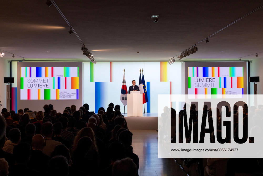 Lumiere Summit - Paris French President Emmanuel Macron addresses the audience during the opening plenary session of the Lumière Summit meeting on the future of cinema and the moving-image industry at the Maeght Foundation in Saint-Paul-de-Vence, southeastern France, on September 7, 2026. Photo by Syspeo Pool ABACAPRESS.COM Saint-Paul De Vence France