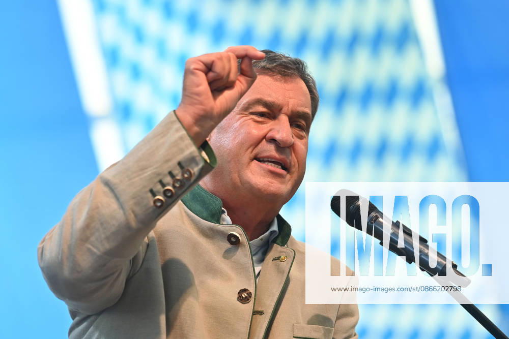 Speech by Markus SOEDER, Minister-President of Bavaria and CSU Chairman; single image, cropped close-up, portrait, political portrait at the Gillamoos festival on September 7, 2026, in Abensberg,
