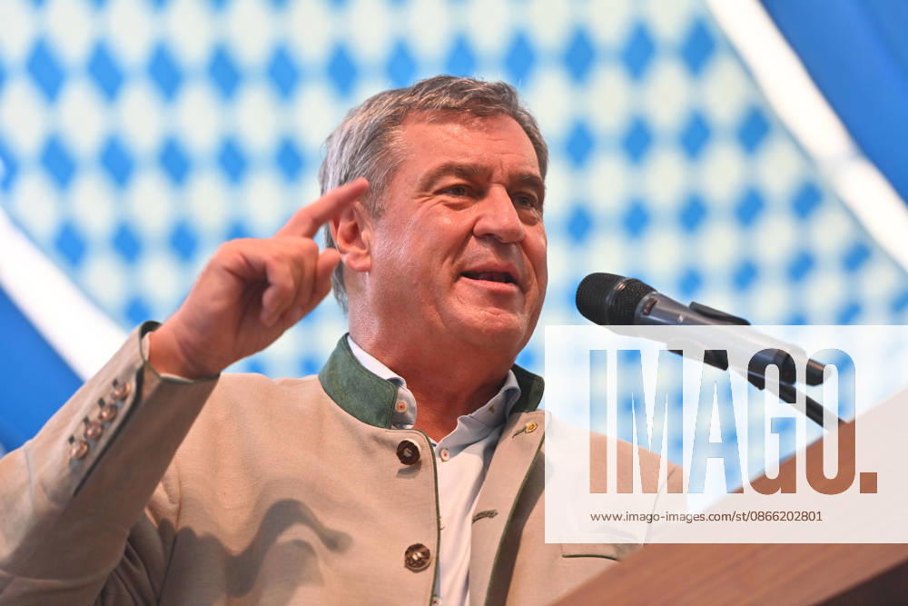 Speech by Markus SOEDER, Minister-President of Bavaria and CSU Chairman; single image, cropped shot, portrait, political portrait at the Gillamoos festival on September 7, 2026, in Abensberg,