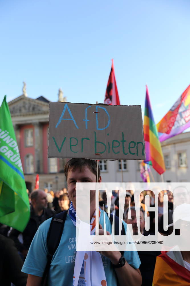 A protester holding a sign reading Ban the AfD during a rally against the Alternative for Germany (AfD) party following its victory in the state election in Saxony-Anhalt, Alter Markt, Potsdam, September 7, 2026. Rally against the AfD in Potsdam