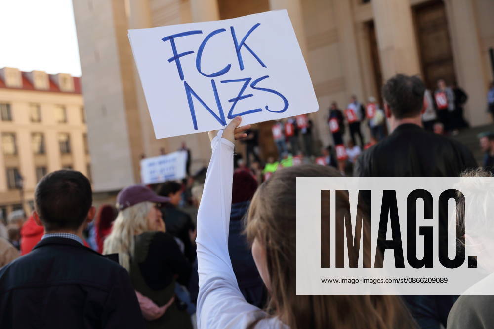 A protester holding a sign reading FCK NZS during a rally against the Alternative for Germany (AfD) party following its victory in the state election in Saxony-Anhalt, Alter Markt, Potsdam, September 7, 2026. Rally against the AfD in Potsdam