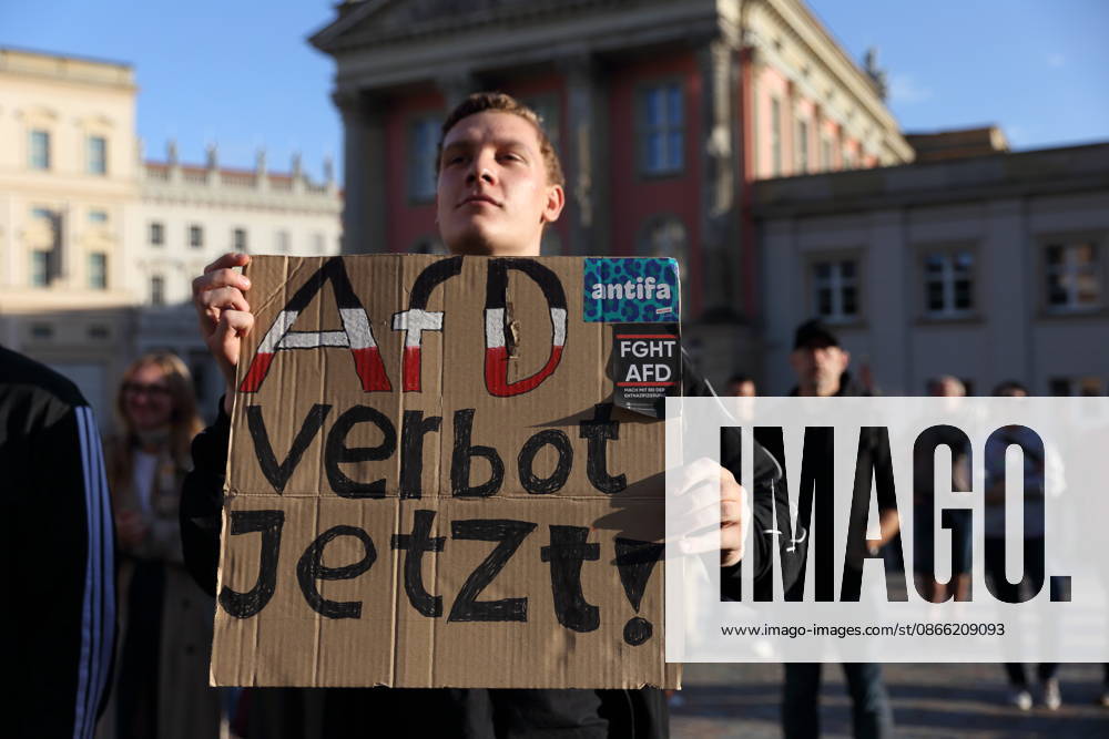 A protester holding a sign reading Ban the AfD Now during a rally against the Alternative for Germany (AfD) party following its victory in the state election in Saxony-Anhalt, Alter Markt, Potsdam, September 7, 2026. Rally against the AfD in Potsdam