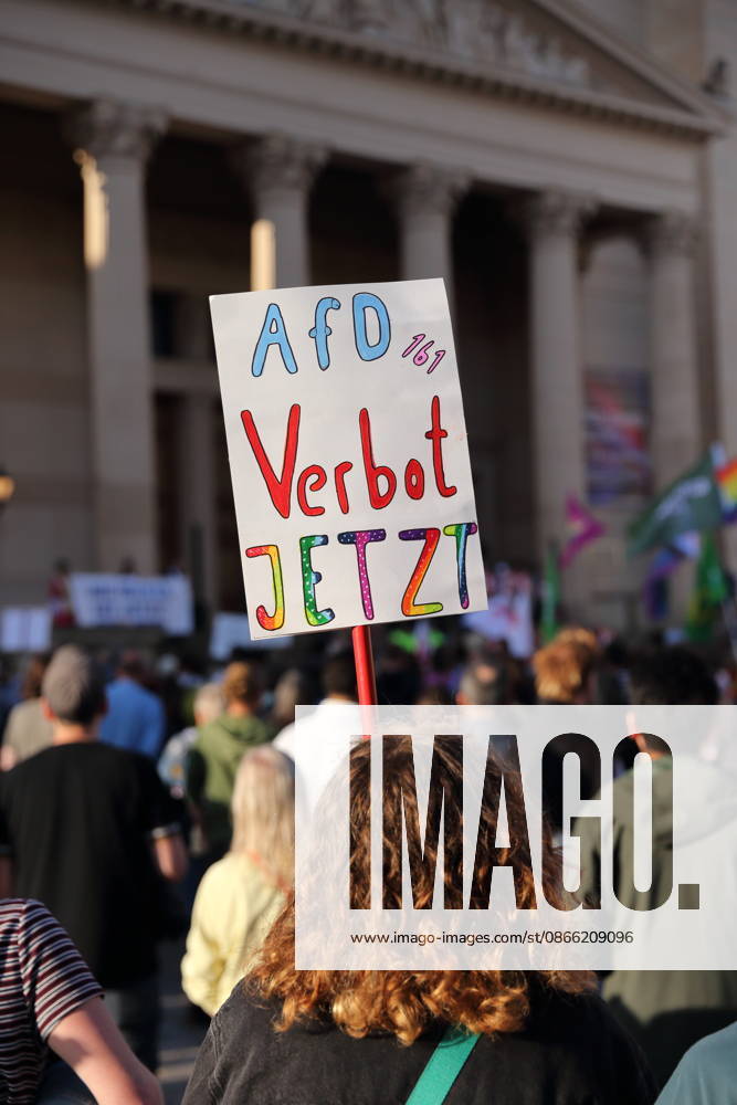 A protester holding a sign reading Ban the AfD Now during a rally against the Alternative for Germany (AfD) party following its victory in the state election in Saxony-Anhalt, Alter Markt, Potsdam, September 7, 2026. Rally against the AfD in Potsdam