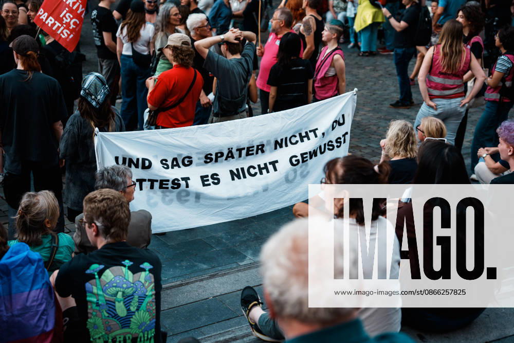 Germany, Aachen Katschhof: Rally with thousands of people the day after the state election in Saxony-Anhalt; demonstration, protest, anti-AfD, anti-fascism, signs, banners, posters