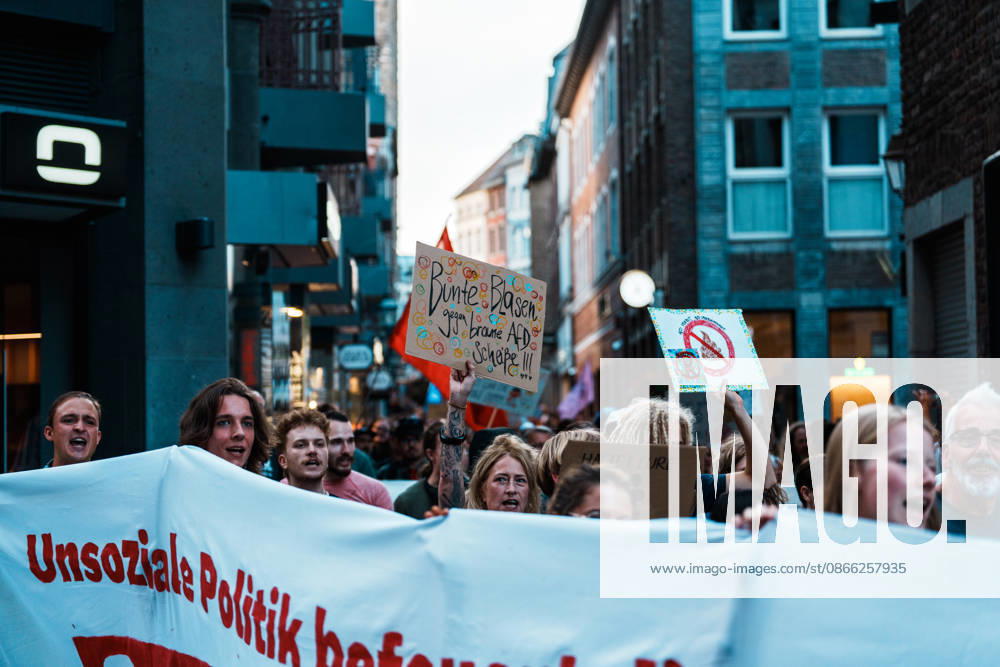 Germany, Aachen, Krämerstraße: A demonstration with thousands of people the day after the state election in Saxony-Anhalt; demonstration, protest, anti-AfD, anti-fascism, signs, banners, flags, crowd, protest march