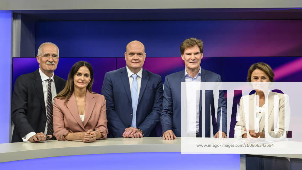 From left: Sergej Lochthofen, journalist; Iris Sayram, ARD Berlin Bureau; Robin Alexander, journalist and podcaster; Carsten Maschmeyer, entrepreneur, with Sandra Maischberger, GER, Berlin, studio, guest on *Maischberger*, political talk show, TV, program, hosted by Sandra Maischberger, Das Erste, from Adlershof, Studio 20, September 8, 2026,