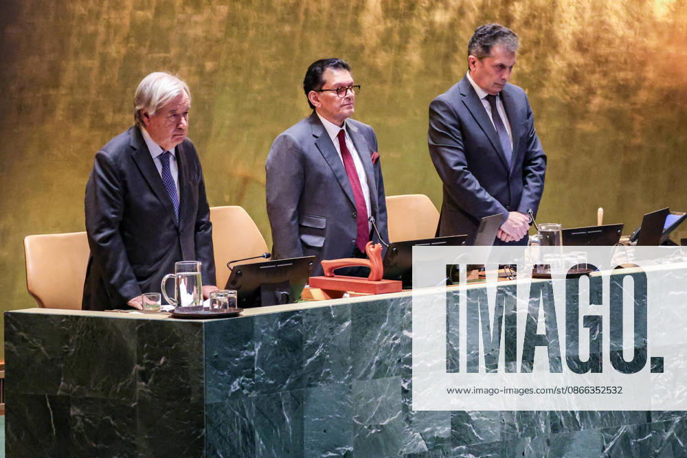 L-R: UN SG ANTONIO GUTERRES, KHALILUR RAHMAN, President of the 81st session of the UN General Assembly, and MOVSES ABELIAN, UN USG for General Assembly and Conference Management, observe a minute of silent prayer or meditation during the opening of UNGA81 at UNHQ. New York United States - ZUMAo116 20260908_znp_o116_095