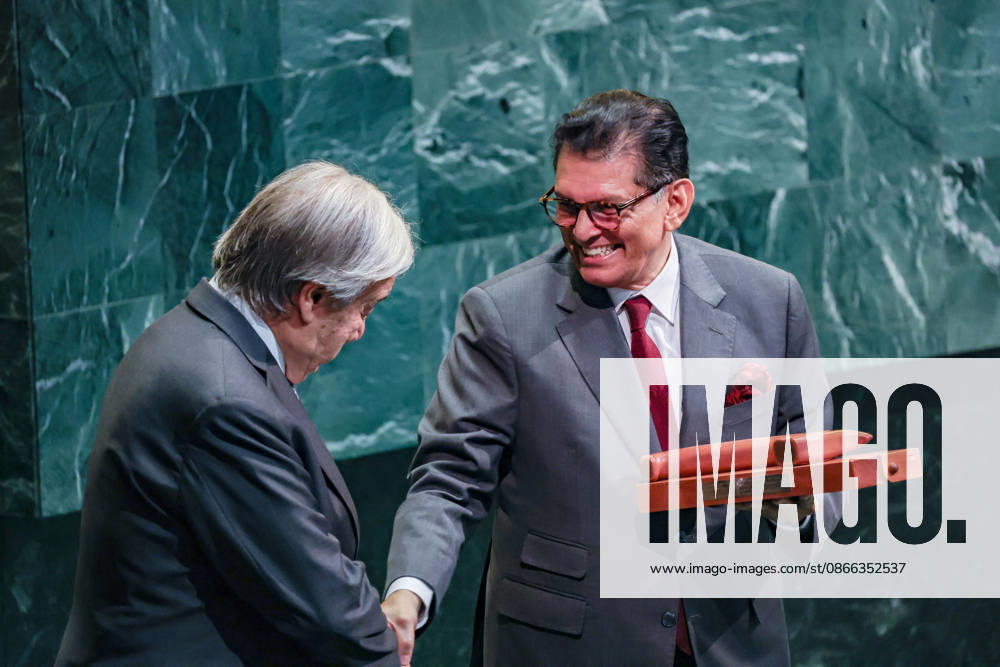 KHALILUR RAHMAN, incoming President of the 81st session of the UN General Assembly, holds the General Assembly gavel as he shakes the hand of the UN Secretary-General ANTONIO GUTERRES during the closing plenary meeting of UNGA80 at UN Headquarters. The moment marks the transition of the General Assembly presidency to its 81st session. New York United States - ZUMAo116 20260908_znp_o116_048