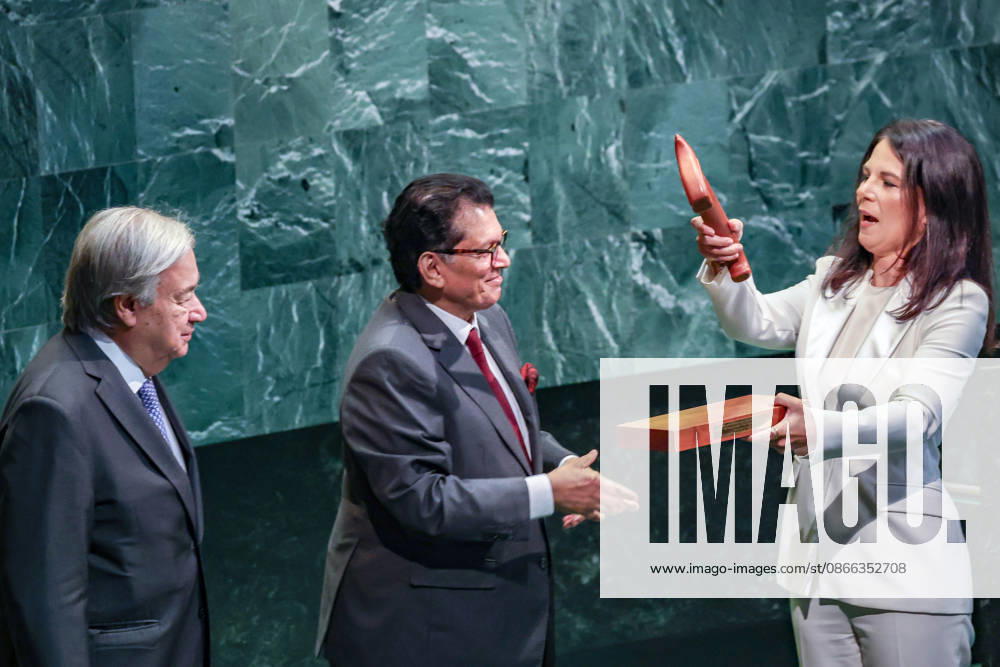 ANNALENA BAERBOCK, President of the 80th session of the UN General Assembly, hands the General Assembly gavel to KHALILUR RAHMAN, incoming President of the 81st session, during the closing plenary meeting of UNGA80 at UN Headquarters. The handover marks the transition of the General Assembly presidency from its 80th to 81st session. New York United States - ZUMAo116 20260908_znp_o116_040