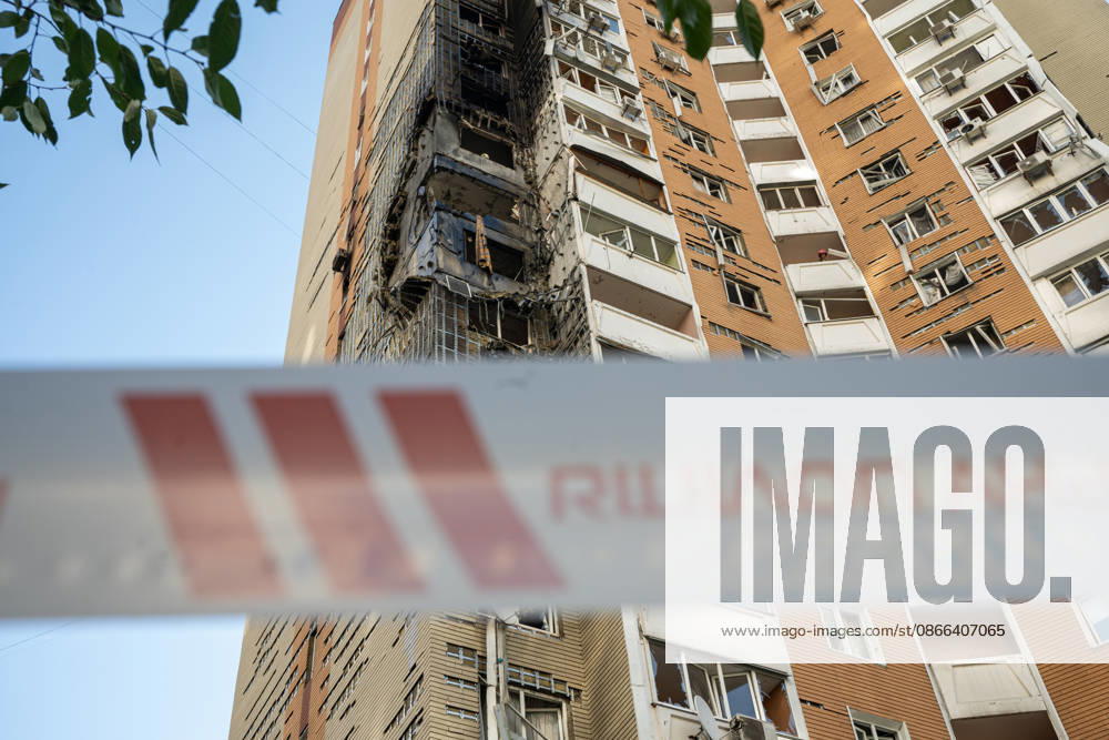 A barricade tape seals off the area outside a 24-storey apartment block damaged by a Russian attack in the Darnytskyi district of Kyiv, Ukraine, September 9, 2026. On Wednesday morning, September 9, a Russian drone hit the 24-storey building on the 12th floor. According to police, five people were injured, including a pregnant woman. (Photo by Danylo Antoniuk Ukrinform) Apartment block hit by Russian drone in Kyiv