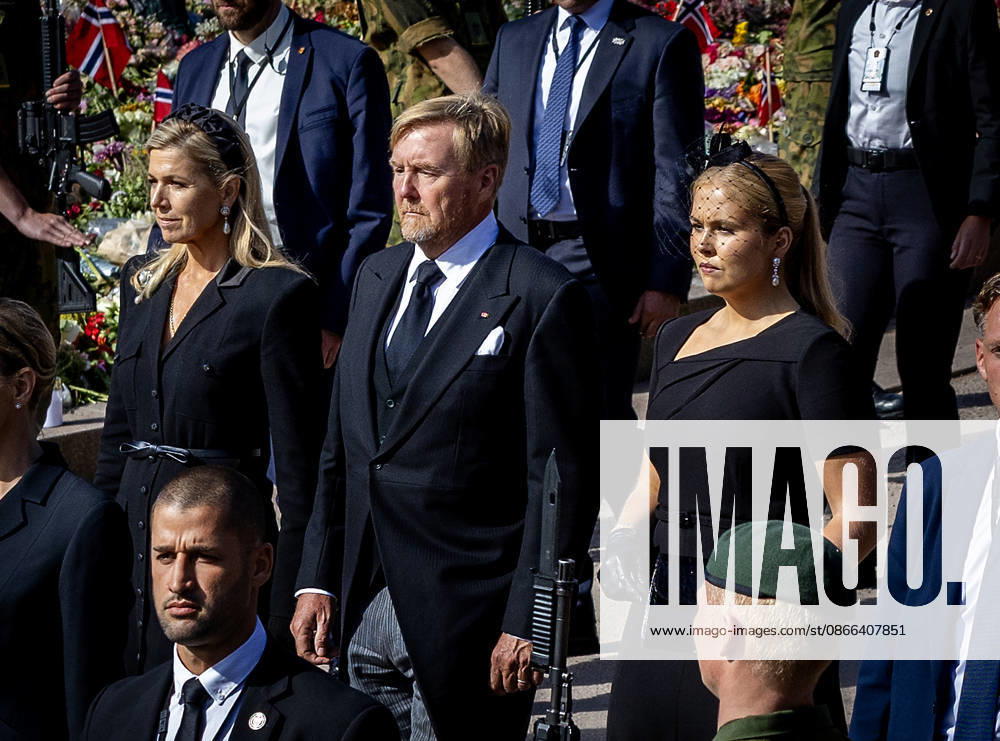 Funeral of King Harald of Norway during a royal procession from the Royal Palace Chapel to the Cathedral in Oslo. King Willem-Alexander and Queen Maxima and Princess Amalia Â