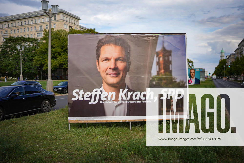 Large-format SPD election poster in Berlin featuring a portrait of Steffen Krach, the party’s top candidate for the office of Governing Mayor, and the text Steffen Krach, SPD: The Next Governing Mayor of Berlin on a median strip; election campaign, House of Representatives election, politics, SPD, election advertising, poster, outdoor advertising, portrait, road traffic