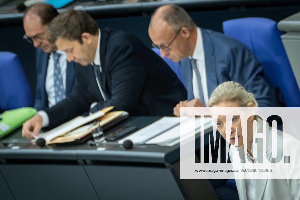 Alice Weidel of the AfD speaks before the German Bundestag during the budget debate, with Chancellor Friedrich Merz in the background. Budget debate in the German Bundestag, Berlin, Germany, Bundestag