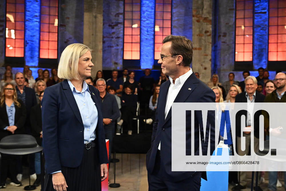 GÄVLE, SWEDEN, September 9, 2026. Prime Ministerial candidates Magdalena Andersson of the Social Democrats and Ulf Kristersson of the Moderates pose for photographers before an election debate in Gävle, Sweden, on September 9, 2026, ahead of the general election on September 13 GÄVLE SWEDEN