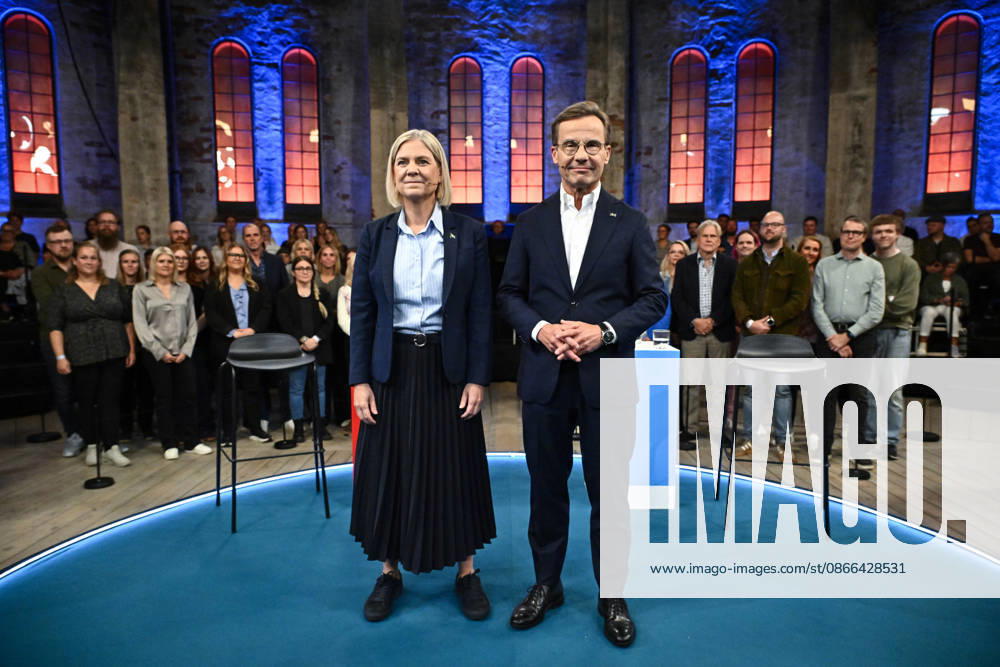 GÄVLE, SWEDEN, September 9, 2026. Prime Ministerial candidates Magdalena Andersson of the Social Democrats and Ulf Kristersson of the Moderates pose for photographers before an election debate in Gävle, Sweden, on September 9, 2026, ahead of the general election on September 13 GÄVLE SWEDEN