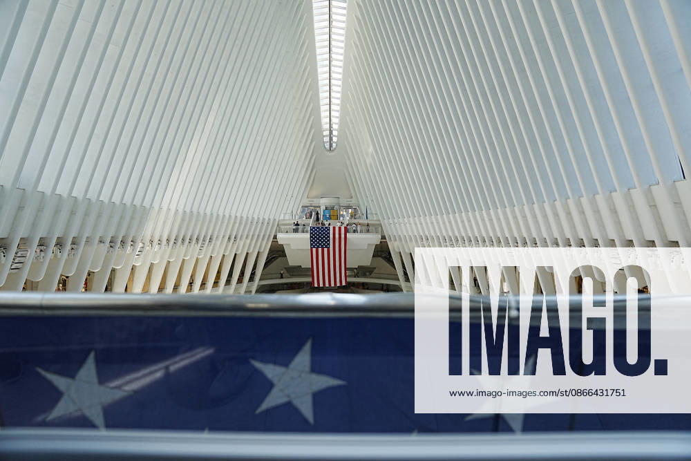 An American flag hangs in the Oculus ahead of the 25th anniversary of the attacks of September 11 on September 9, 2026 in New York. New York USA - ZUMAb148 20260909_zap_b148_050