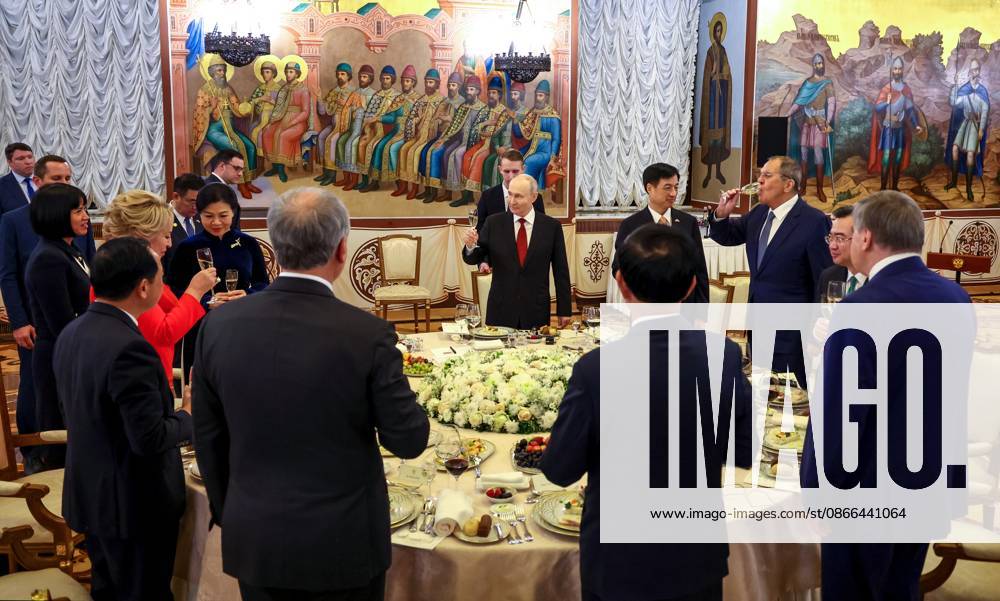 Russia Vietnam 9239819 09.09.2026 Russian President Vladimir Putin toasts during a state dinner for Vietnamese President To Lam at the Kremlin in Moscow, Russia. Alexander Kazakov Sputnik Moscow Russia