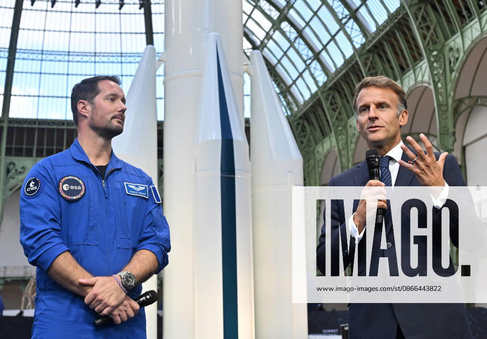 Thomas Pesquet and Emmanuel Macron, President of the French Republic, E. Macron, President of the French Republic, at the International Space Summit on September 10, 2026, at the Grand Palais in Paris, September 9, 2026. Nearly 1,100 companies from the space sector will also be present at the Grand Palais, demonstrating the exceptional mobilization of the global space ecosystem around this event, organized by France and Germany. The Summit will address all issues related to the development and innovation of the space sector through three key themes: 1) tackling the challenges of the global space economy through international cooperation; 2) advancing science, technology, and space exploration from an international perspective; and 3) ensur