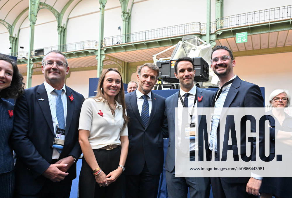 Jean François Fallacher, CEO of the French satellite operator Eutelsat; guest Emmanuel Macron, President of the French Republic; and the CEO of the French satellite communications services company Skynopy, Pierre Bertrand, along with guest Emmanuel Macron, President of the French Republic, at the International Space Summit on September 10, 2026, at the Grand Palais in Paris, on September 9, 2026. Nearly 1,100 companies from the space sector will also be present at the Grand Palais, demonstrating the exceptional mobilization of the global space ecosystem around this event, organized by France and Germany. The Summit will address all issues related to the development and innovation of the space sector through three key themes: 1) meeting the
