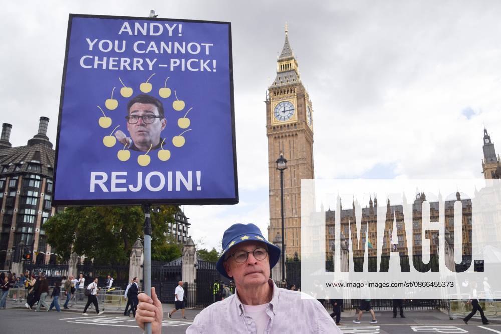 Anti-Brexit Protest in London, UK - 9 Sep 2026 A protester holds a placard calling on UK Prime Minister Andy Burnham to rejoin the European Union during the weekly anti-Brexit and pro-EU protest in Parliament Square. Protesters gather weekly during Prime Minister s Questions urging the UK government to rejoin the European Union. London United Kingdom