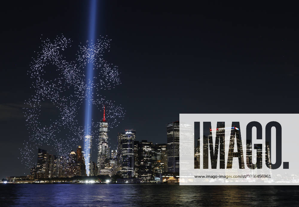 A light installation in the shape of the Twin Towers is illuminated with drones over One World Trade Center and the Manhattan skyline in the days leading up to the 25th anniversary of the 9 11 terrorist attacks on the World Trade Center in New York City on Wednesday, September 9, 2026. A public art installation designed in conjunction with representatives of the family, survivor, responder community was unveiled over New York Harbor, originating from Governor s Island. 2977 Lights Over New York Harbor is a sponsored project of New York Foundation of the Arts. NYP20260909103 JOHNxANGELILLO