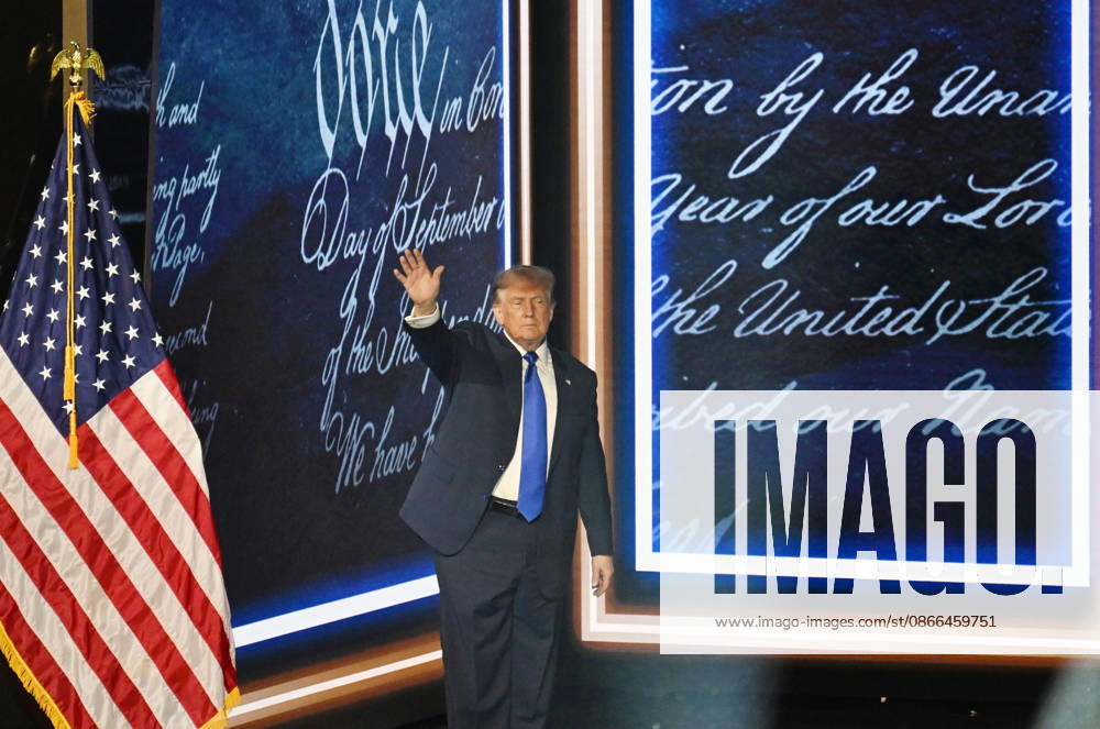 #2 President Donald Trump waves after making a keynote address during the first night of the Republican midterm convention at the American Airlines Center in Dallas, Texas, on Wednesday, September 9, 2026. The convention is taking place on Wednesday and Thursday of this week. DAL202609099965 IANxHALPERIN