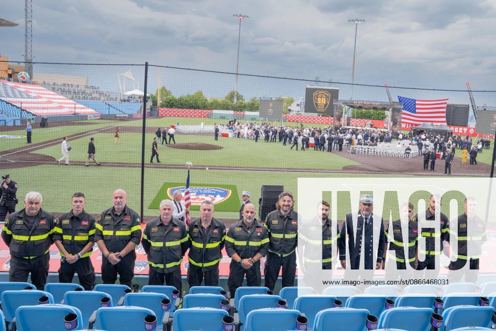 Firefighters from Italy attend memorial service to commemorate 25th anniversary of terrorist attack on World Trade Center in New York. Service was held at FerryHawks Stadium of Staten Island Borough, New York, NY on September 9, 2026. FDNY members, families of those how perished on that day and who died after of illnesses related to their work in the rescue and recovery efforts, members of fire departments from around the country as well as firefighters from Italy and France attended the service. Bronx USA - ZUMAr339 20260909_znp_r339_001