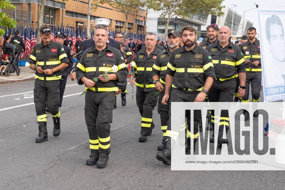 Firefighters from Italy attend memorial service to commemorate 25th anniversary of terrorist attack on World Trade Center in New York. Service was held at FerryHawks Stadium of Staten Island Borough, New York, NY on September 9, 2026. FDNY members, families of those how perished on that day and who died after of illnesses related to their work in the rescue and recovery efforts, members of fire departments from around the country as well as firefighters from Italy and France attended the service. Bronx USA - ZUMAr339 20260909_znp_r339_013