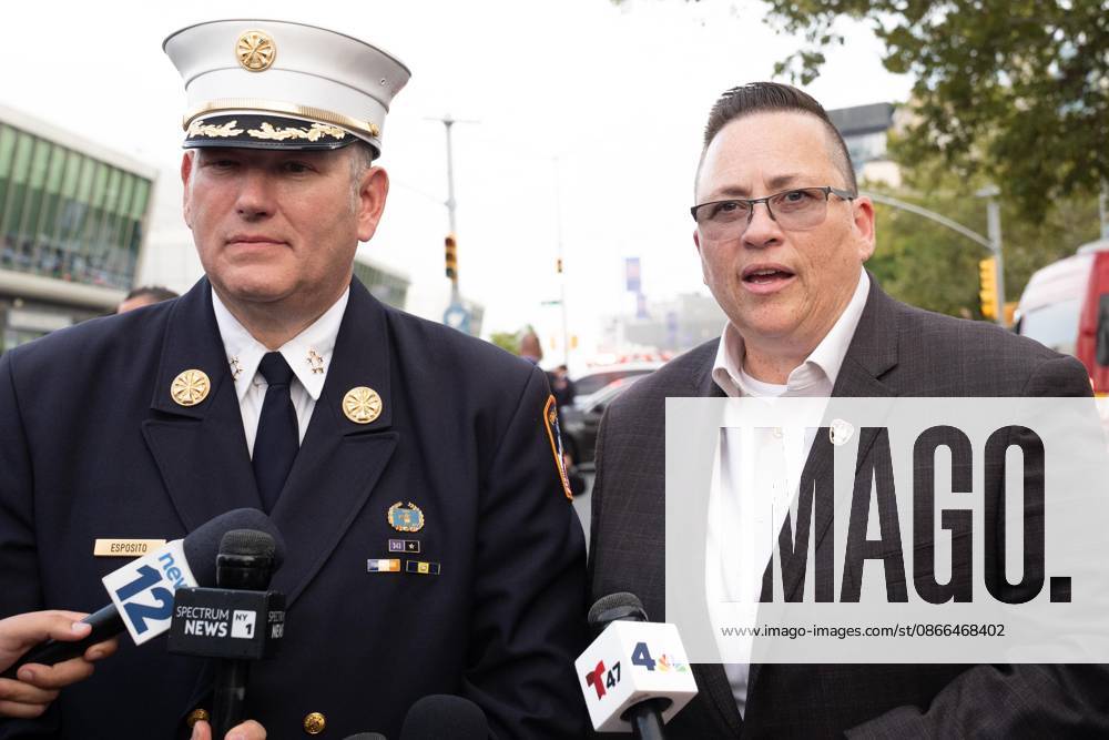 Chief of the Department John Esposito and Fire Commissioner Lillian Bonsignore speak to the press after memorial service to commemorate 25th anniversary of terrorist attack on World Trade Center in New York. Service was held at FerryHawks Stadium of Staten Island Borough, New York, NY on September 9, 2026. FDNY members, families of those how perished on that day and who died after of illnesses related to their work in the rescue and recovery efforts, members of fire departments from around the country as well as firefighters from Italy and France attended the service. New York USA - ZUMAr339 20260909_znp_r339_018