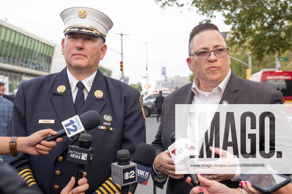 Chief of the Department John Esposito and Fire Commissioner Lillian Bonsignore speak to the press after memorial service to commemorate 25th anniversary of terrorist attack on World Trade Center in New York. Service was held at FerryHawks Stadium of Staten Island Borough, New York, NY on September 9, 2026. FDNY members, families of those how perished on that day and who died after of illnesses related to their work in the rescue and recovery efforts, members of fire departments from around the country as well as firefighters from Italy and France attended the service. New York USA - ZUMAr339 20260909_znp_r339_019