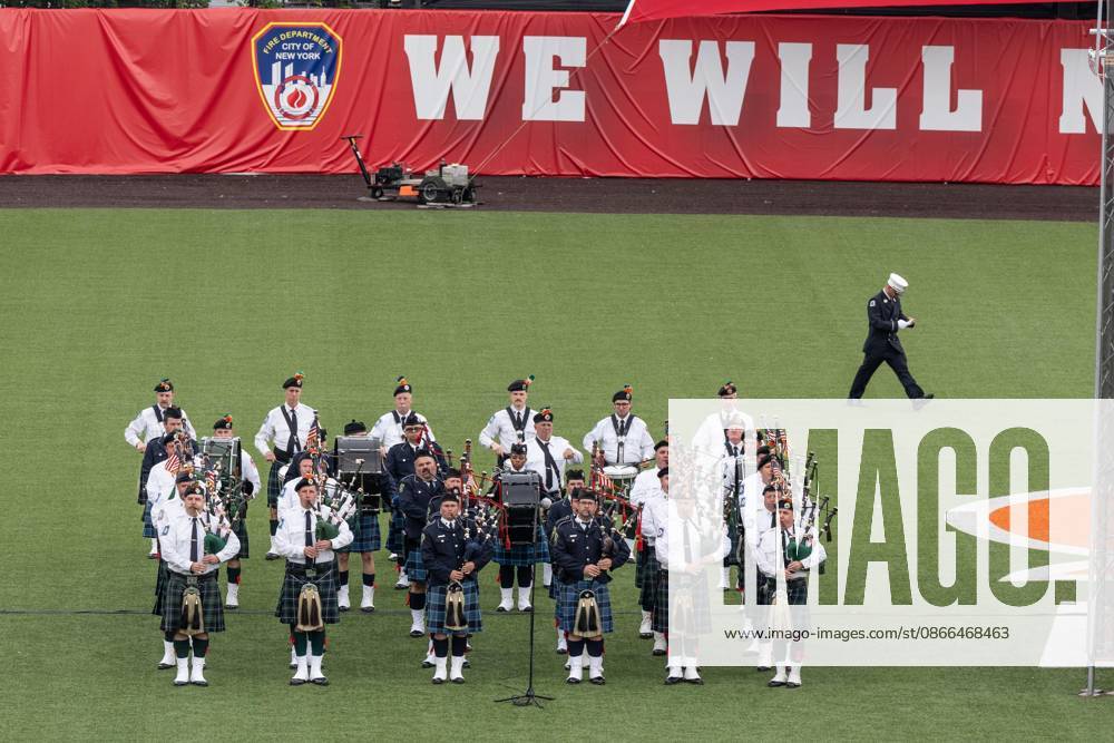 FDNY pipe band performed during memorial service to commemorate 25th anniversary of terrorist attack on World Trade Center in New York. Service was held at FerryHawks Stadium of Staten Island Borough, New York, NY on September 9, 2026. FDNY members, families of those how perished on that day and who died after of illnesses related to their work in the rescue and recovery efforts, members of fire departments from around the country as well as firefighters from Italy and France attended the service. Bronx USA - ZUMAr339 20260909_znp_r339_022