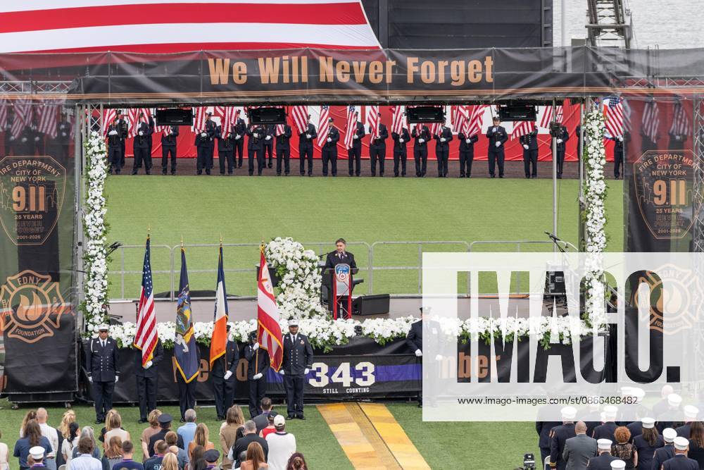 Chief FDNY Chaplain Rabbi Joseph Potasnik delivers invocation during memorial service to commemorate 25th anniversary of terrorist attack on World Trade Center in New York. Service was held at FerryHawks Stadium of Staten Island Borough, New York, NY on September 9, 2026. FDNY members, families of those how perished on that day and who died after of illnesses related to their work in the rescue and recovery efforts, members of fire departments from around the country as well as firefighters from Italy and France attended the service. Bronx USA - ZUMAr339 20260909_znp_r339_026