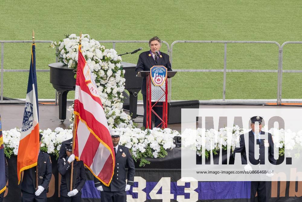 Chief FDNY Chaplain Rabbi Joseph Potasnik delivers invocation during memorial service to commemorate 25th anniversary of terrorist attack on World Trade Center in New York. Service was held at FerryHawks Stadium of Staten Island Borough, New York, NY on September 9, 2026. FDNY members, families of those how perished on that day and who died after of illnesses related to their work in the rescue and recovery efforts, members of fire departments from around the country as well as firefighters from Italy and France attended the service. New York USA - ZUMAr339 20260909_znp_r339_027