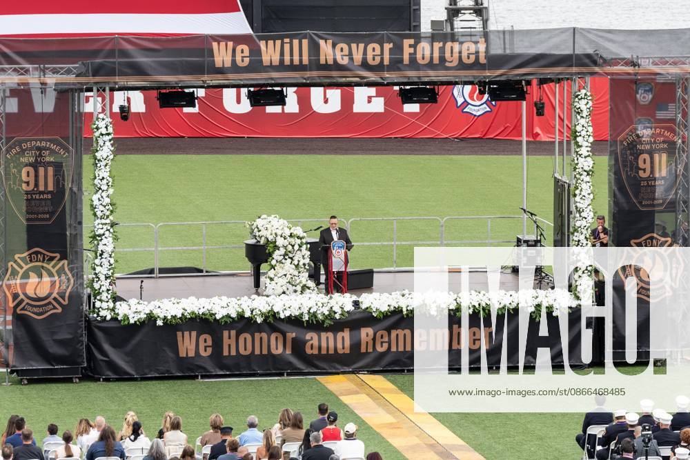 Fire Commissioner Lillian Bonsignore speaks during memorial service to commemorate 25th anniversary of terrorist attack on World Trade Center in New York. Service was held at FerryHawks Stadium of Staten Island Borough, New York, NY on September 9, 2026. FDNY members, families of those how perished on that day and who died after of illnesses related to their work in the rescue and recovery efforts, members of fire departments from around the country as well as firefighters from Italy and France attended the service. New York USA - ZUMAr339 20260909_znp_r339_028