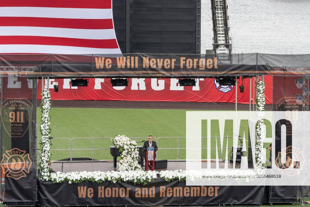 Fire Commissioner Lillian Bonsignore speaks during memorial service to commemorate 25th anniversary of terrorist attack on World Trade Center in New York. Service was held at FerryHawks Stadium of Staten Island Borough, New York, NY on September 9, 2026. FDNY members, families of those how perished on that day and who died after of illnesses related to their work in the rescue and recovery efforts, members of fire departments from around the country as well as firefighters from Italy and France attended the service. New York USA - ZUMAr339 20260909_znp_r339_031