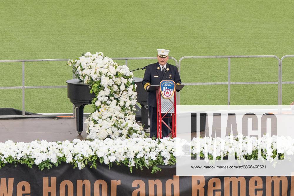 FDNY Chief of the Department John Esposito speaks during memorial service to commemorate 25th anniversary of terrorist attack on World Trade Center in New York. Service was held at FerryHawks Stadium of Staten Island Borough, New York, NY on September 9, 2026. FDNY members, families of those how perished on that day and who died after of illnesses related to their work in the rescue and recovery efforts, members of fire departments from around the country as well as firefighters from Italy and France attended the service. New York USA - ZUMAr339 20260909_znp_r339_032
